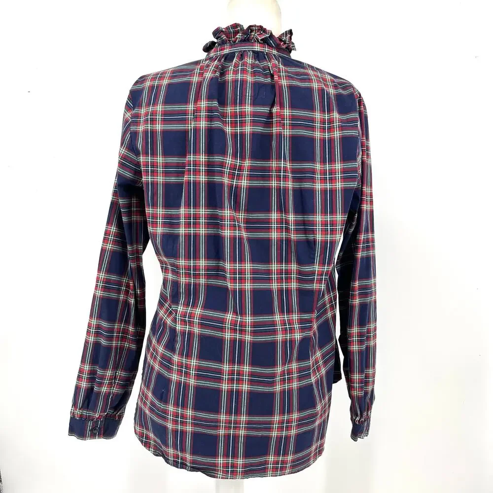 Hope & Henry Women's 10 Blue Red Plaid Tartan‎ Long Sleeve Ruffle Neck Blouse